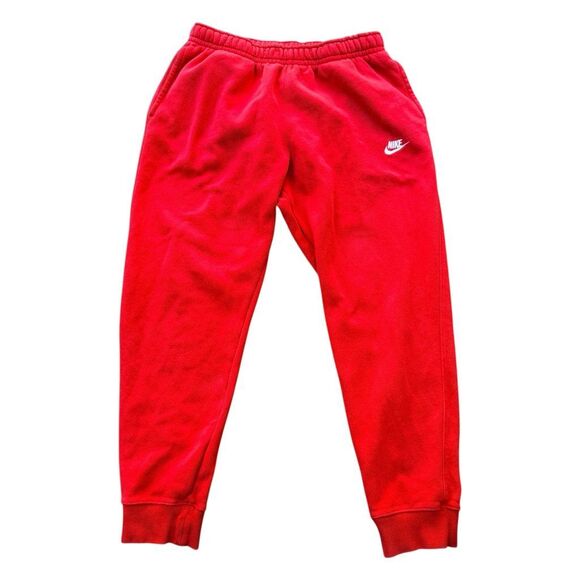 NIKE Red Fleece Swoosh Logo Sweatpants Joggers Athletic Pants Tapered Elastic An - Picture 1 of 6